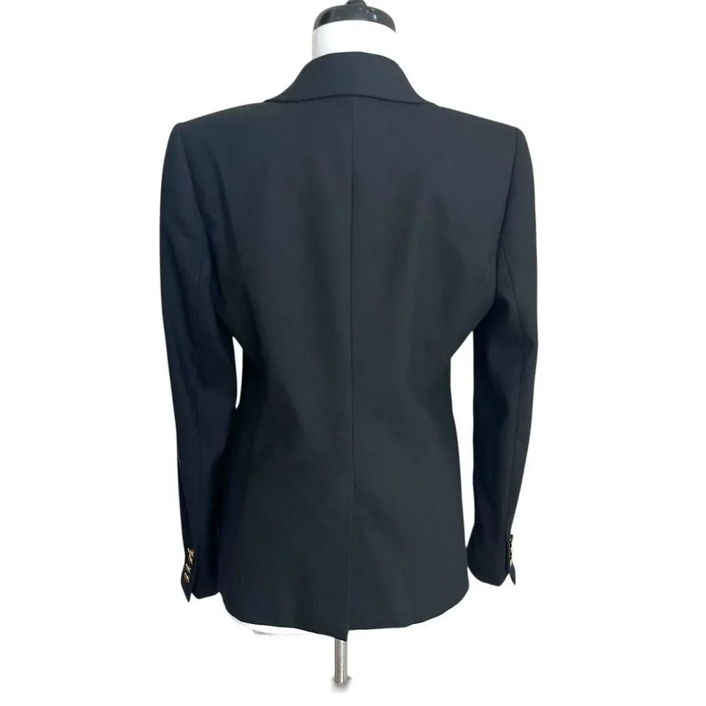 J Crew Wool Blazer Size 6 Black Gold Crest Buttons Striped Lining Preppy Office